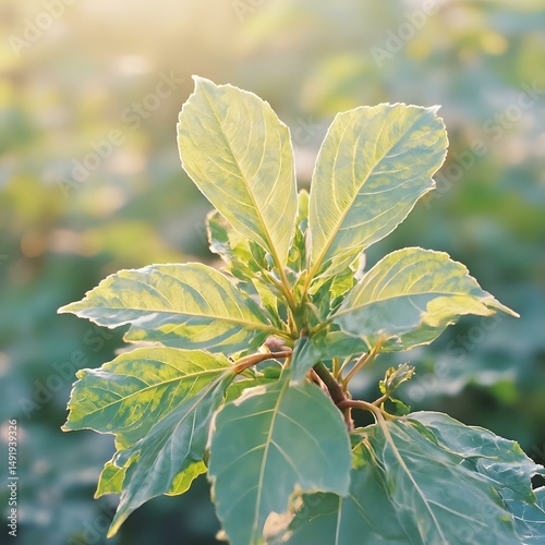 The image features a close-up of a plant with green leaves, illuminated by sunlight, with a blurred background suggesting a garden or natural setting.
