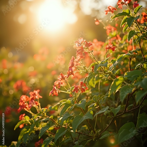 The image shows a close-up view of a vibrant garden scene with sunbeams filtering through the leaves and flowers, creating a warm and serene atmosphere.