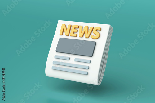 Newspaper icon with bold NEWS headline, symbolizing journalism, press, announcement, or daily information update in minimal style, 3d rendering