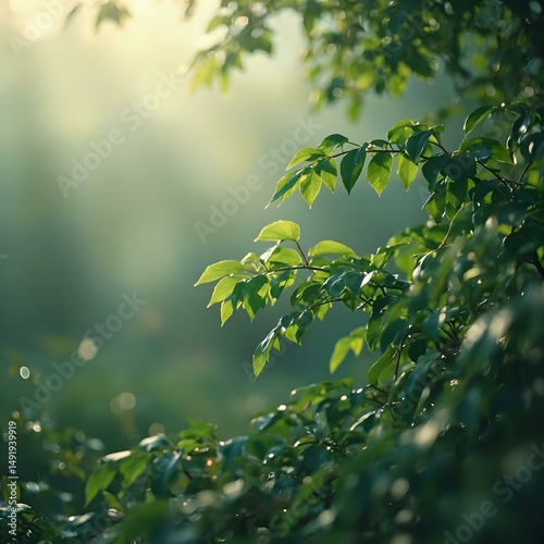 The image shows a close-up of lush green leaves with sunlight filtering through, creating a soft, natural blur effect.