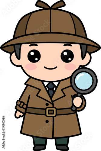 Vector Illustration of a Cute Cartoon Detective Boy Character in Brown Trench Coat and Hat Holding Magnifying Glass – Chibi Style Clipart for Kids and Mystery Themes