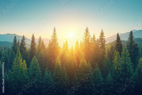 Sunrise over a dense pine forest