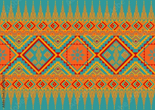 Orange on green background seamless geometric traditional pattern design for decoration, textile, fabric print, carpet.