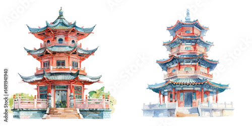 pagoda watercolor vector illustration