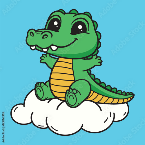 Adorable Alligator Cartoon Sitting Comfortably On a Fluffy Cloud