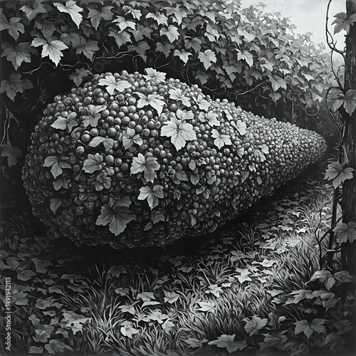The image is a black and white painting depicting a dense growth of leaves and grapes enveloping a leafless tree trunk, suggesting a sense of isolation amidst the foliage.