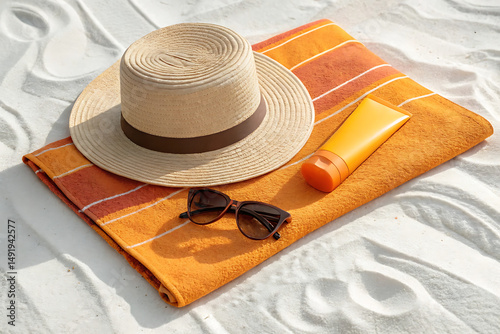 Beach vacation essentials including hat, sunglasses, sunscreen, and orange striped towel arranged on white sand in a sunny outdoor setting.