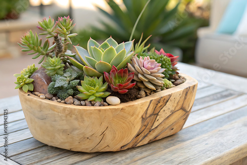 Assorted Succulent Plants in Wooden Planter on Patio Tabletop, Natural Light, Outdoor Decor and Relaxing Garden Theme