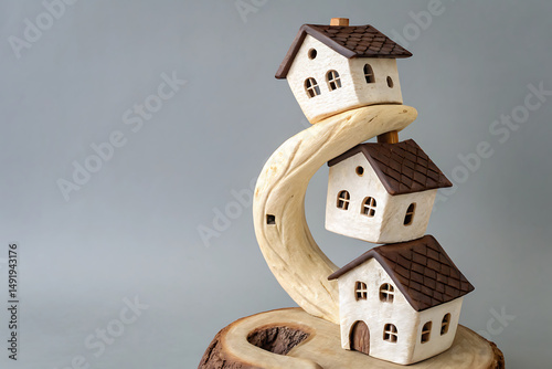 Stacked Miniature Houses on Carved Wood: A Symbolic Representation of Family, Home and Stability with a Neutral Backdrop.