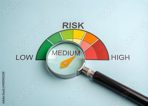 Magnifying Glass Over Risk Gauge Showing Medium Level on Blue Background