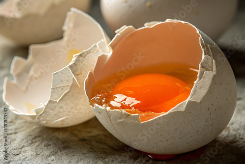 Macro shot of a broken raw egg with a vibrant orange yolk, shells, on a textured surface illuminated by natural sunlight.