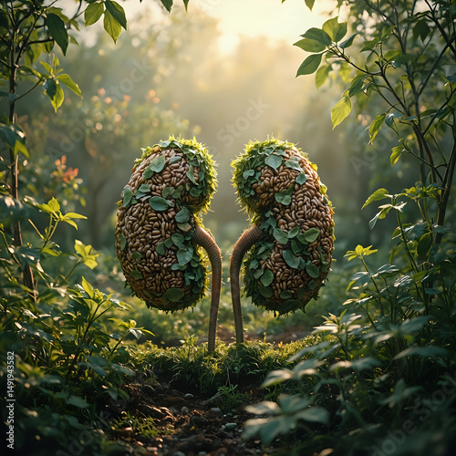 The image depicts two kidney-shaped trees, each composed of brown leaves and nuts, situated amidst a verdant forest.