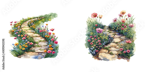 pathway through a flower garden watercolor vector illustration