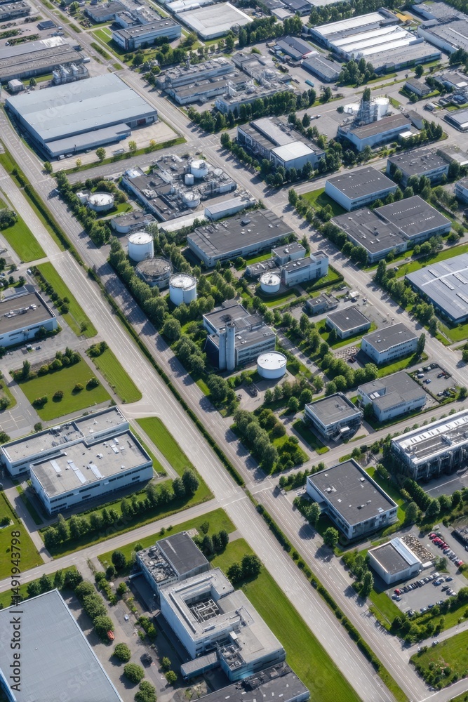Naklejka premium Aerial view showcasing modern industrial layout, greenery, and o