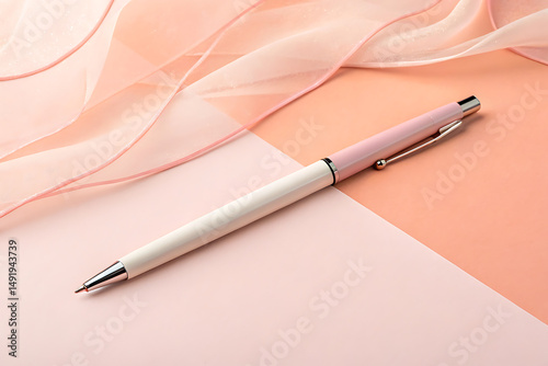 Stylish Pink and White Pen on Pastel Background with Delicate Ribbon, Modern Office Supplies Still Life.