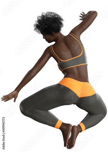 3D rendered image of fit dark skinned woman practicing dancing in stylish sportswear. Fitness, health, and body positivity concepts. 3d illustration of dark skinned girl dancing in black orange suit