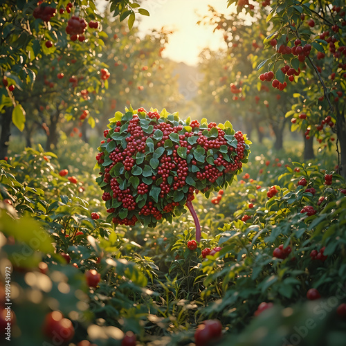 A digital artwork of a heart-shaped cluster of red berries amidst a field of red berries and lush green leaves, with sunlight filtering through the foliage.