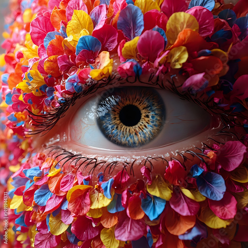 The image is a close-up of a vibrant, multicolored flower arrangement with a stylized eye in the center, showcasing intricate details and a striking iris.