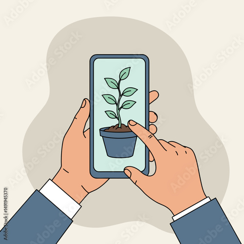 Hands holding phone with growing plant — conscious tech use  