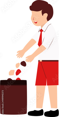 Elementary School Boy Disposing of Waste into a Bin