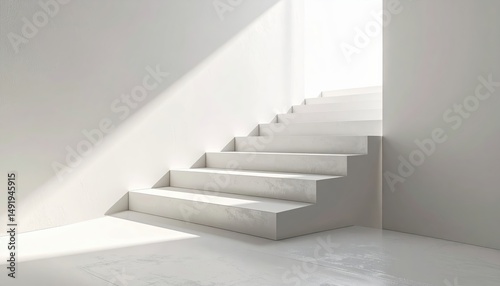 Bright white staircase illuminated by natural light from a window, modern interior design