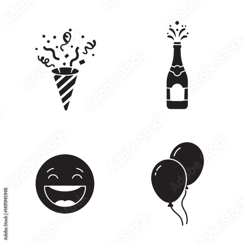 Festive celebration icons including party popper champagne bottle smiley face and balloons silhouette elements