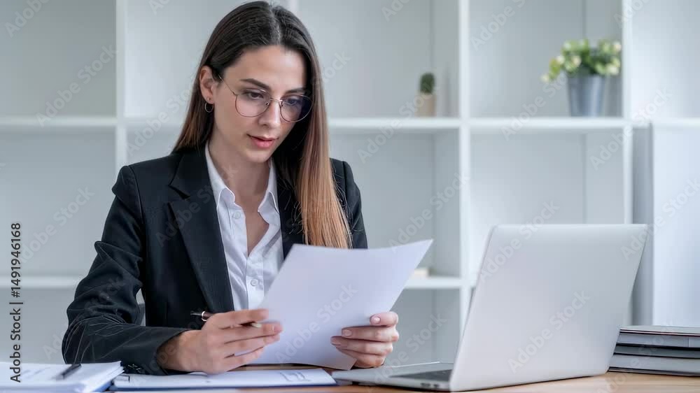 Focused Woman Reading Document in Professional Work Environment
Focused Woman Reading Document in Professional Work Environment
