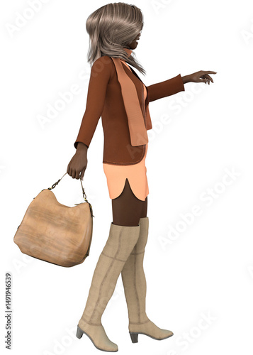 3D rendering of a confident dark skinned woman in a chic peach dress paired with long boots, accessorized with a handbag. Perfect for fashion, lifestyle, or diversity-themed projects, 3D Illustration