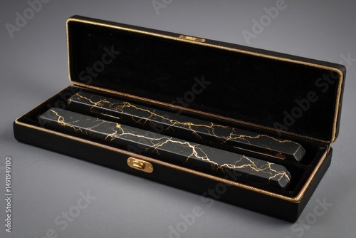 Two dark, rectangular objects in a black, velvet-lined case.