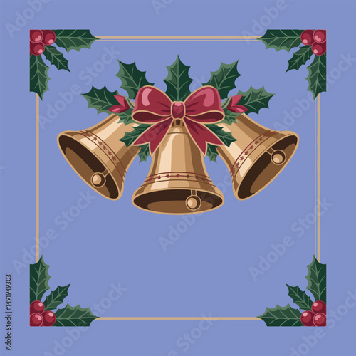 christmas bells with holly and red ribbon 