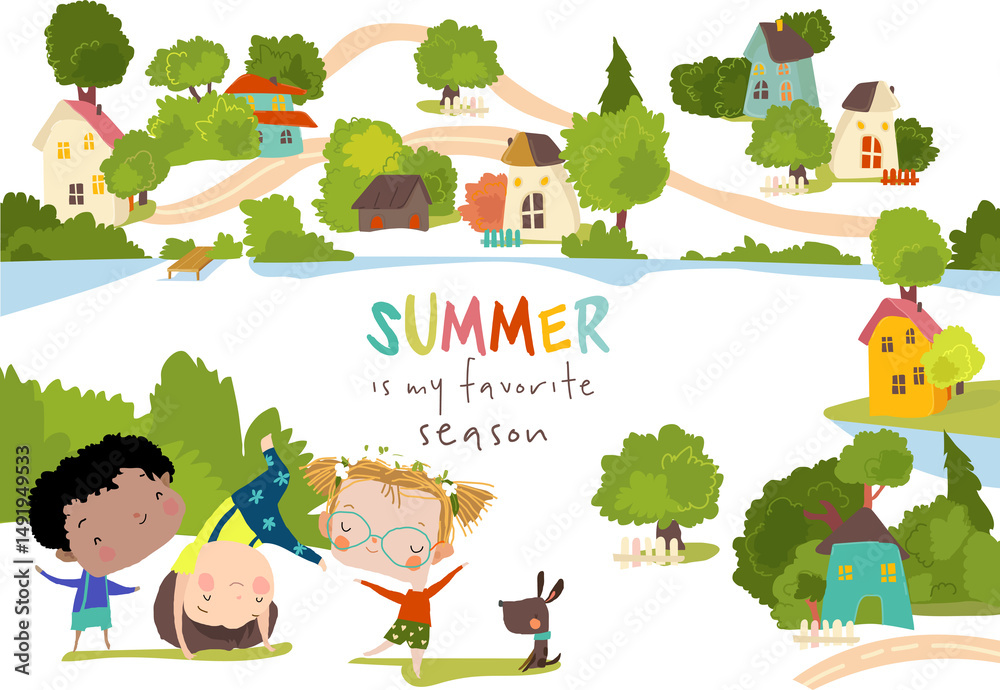 Obraz premium Happy Kids playing in Meadow in countryside village surrounded by a garden and trees. Vector Illustration