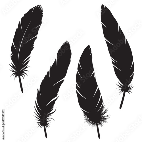 Black feather silhouettes isolated on white background artistic design elements for diverse creative projects