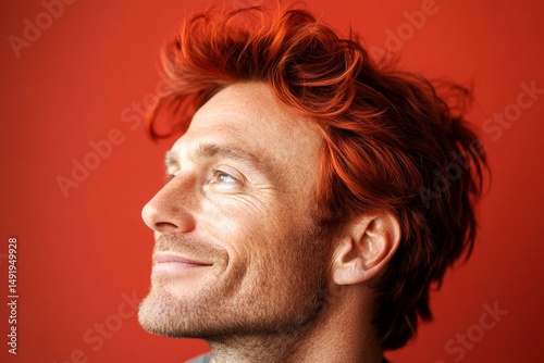 Red solid background. Classy men's side part haircut - midlife white man with red hair. Creative artwork of style for aging men. A charismatic and fashionable male with a trendy look.