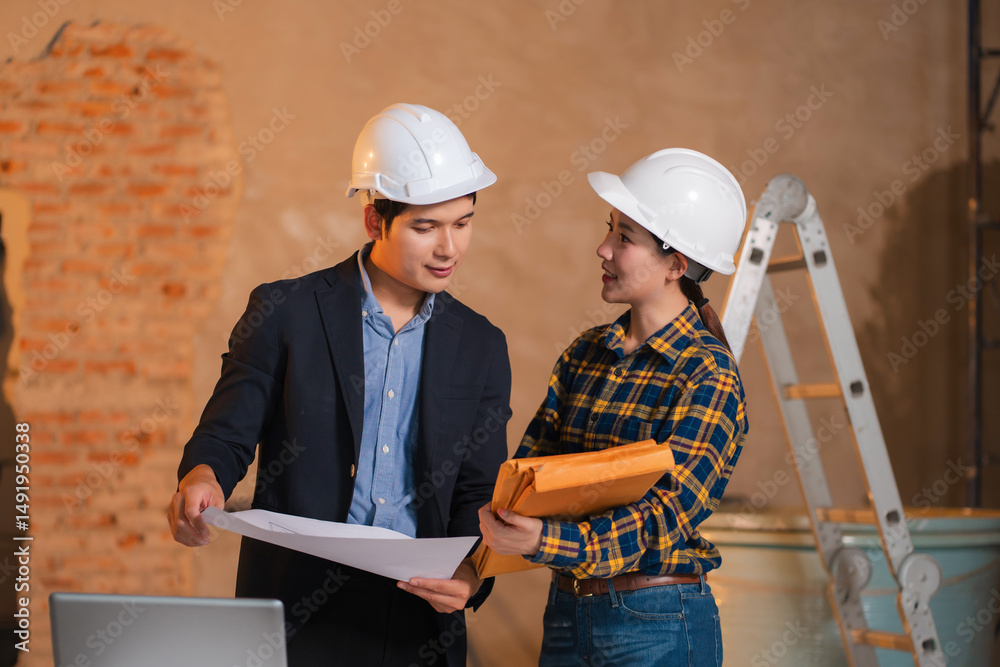 Fototapeta premium Construction engineers discussion with architects at construction site or building site.