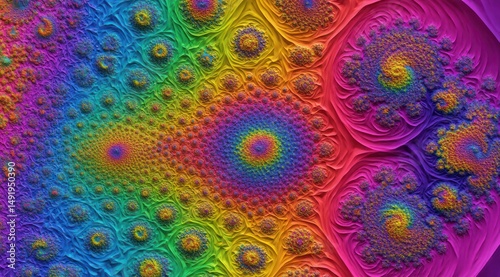 Vibrant fractal art with rainbow spirals