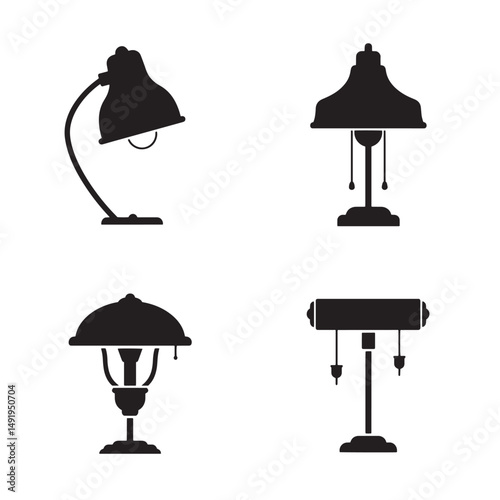 Black silhouette illustrations of various desk lamps and table lamps for interior design and lighting design inspiration