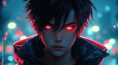 Anime portrait with glowing red eyes, city backdrop