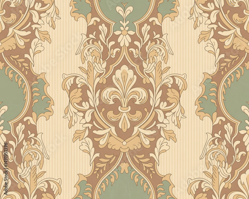 A symmetrical vintage wallpaper pattern with an ornate damask design in muted beige, cream, and sage green colors