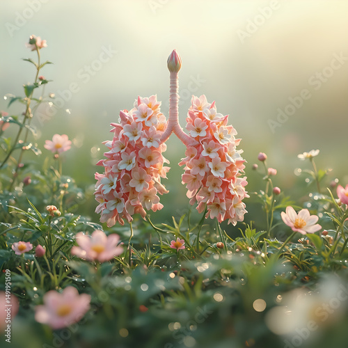 The image shows a close-up view of a flower structure resembling a pair of lungs, set against a blurred natural background with various pink flowers.