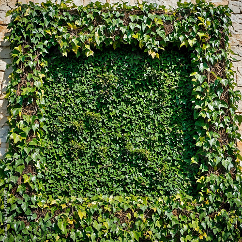 A dense growth of green ivy vines frames a stone wall, creating a natural, textured border.