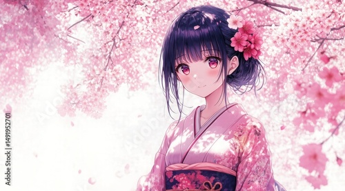 Anime girl in kimono with cherry blossoms