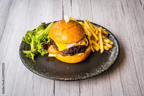 Chicken and Beef burger with fries and salald on the side on a black plate