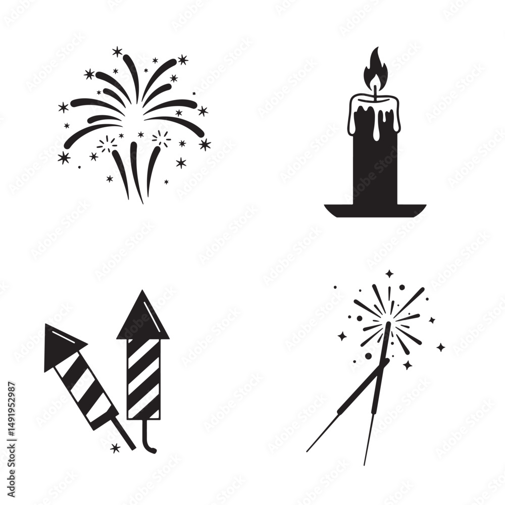 Festive silhouette icons featuring fireworks rocket sparkler and candle elements for celebrations Festive silhouette icons featuring fireworks rocket sparkler and candle elements for celebrations