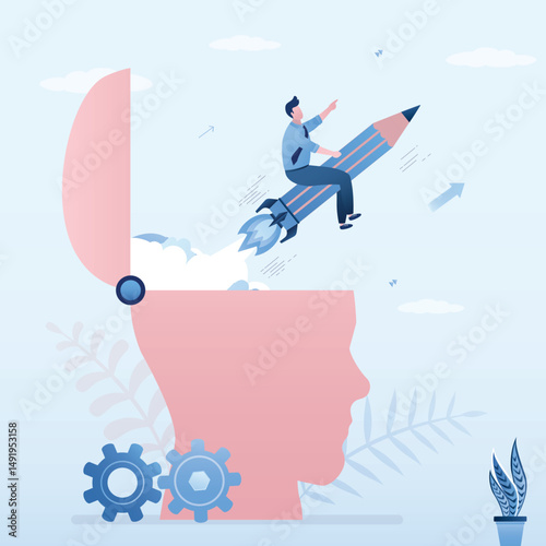 Creative businessman or blogger riding pencil flying in sky from giant head. Pencil rocket as education, fun idea, imagination or creative freedom for content writing.