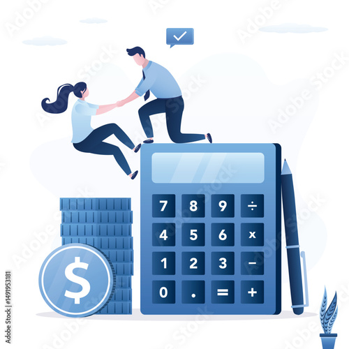 Investment advice, financial accounting advisor. Businessman manager helps female employee or client climb on giant calculator. Audit and financial service.