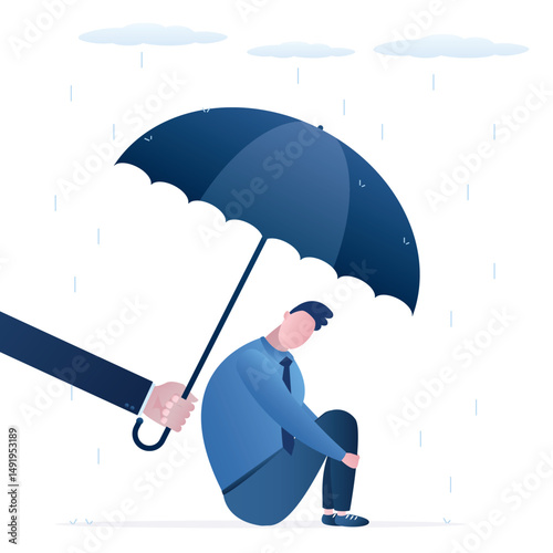 Support for those under stress, human hand holds out an umbrella from the rain to another in state of depression. Insurance concept. Medical, financial or psychological help.