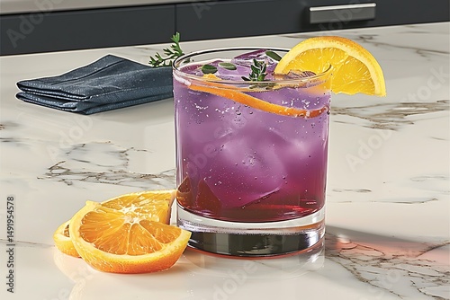 A marble counter displays colorful mocktails with citrus slices and herbs.