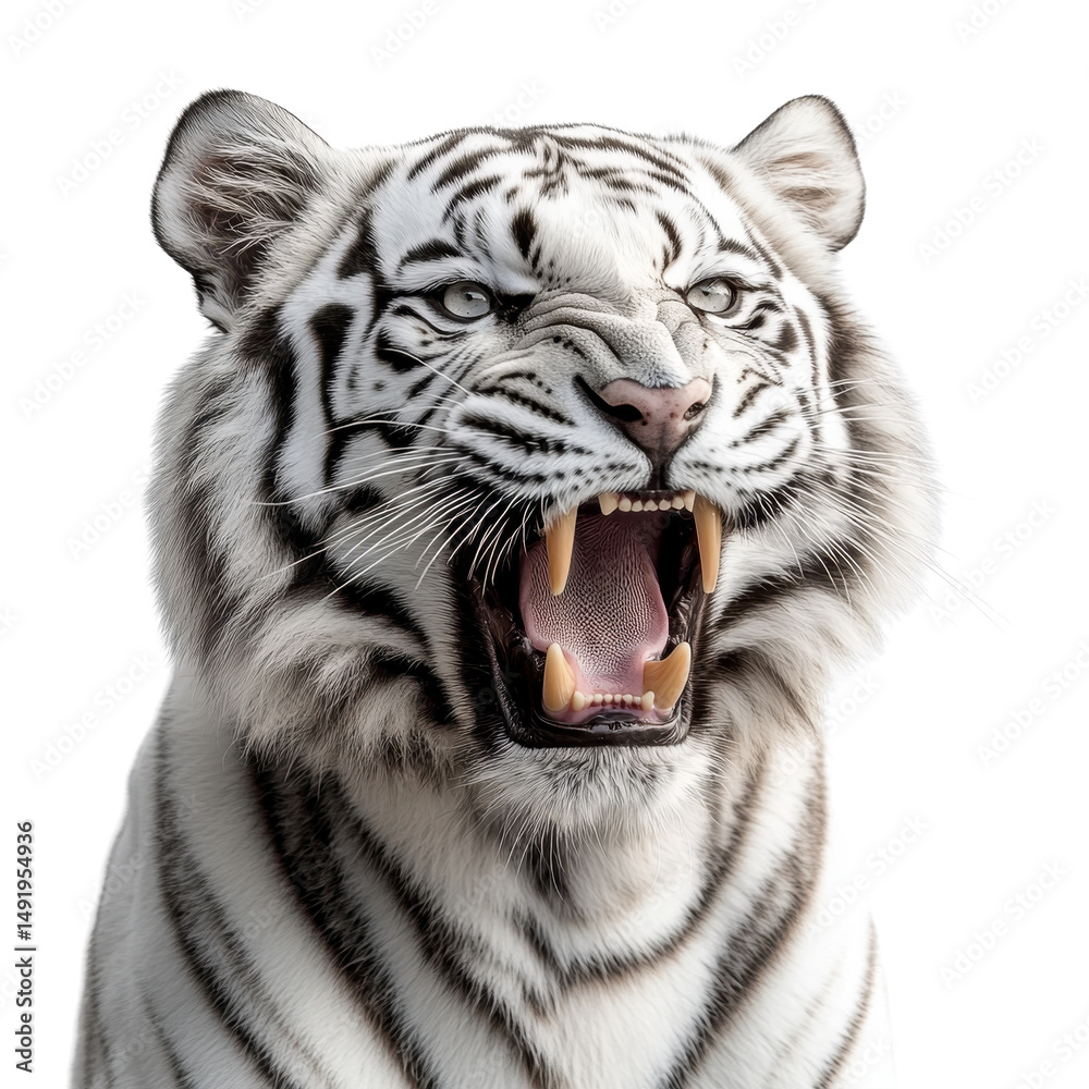 Fototapeta premium White tiger close up roaring isolated on transparent background