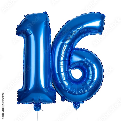 Isolated blue number sixteen balloon perfect for a birthday celebration floating on a white background
