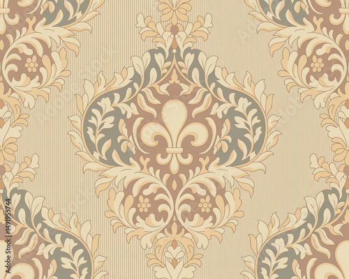 A symmetrical vintage wallpaper pattern with an ornate damask design in muted beige, cream, and sage green colors